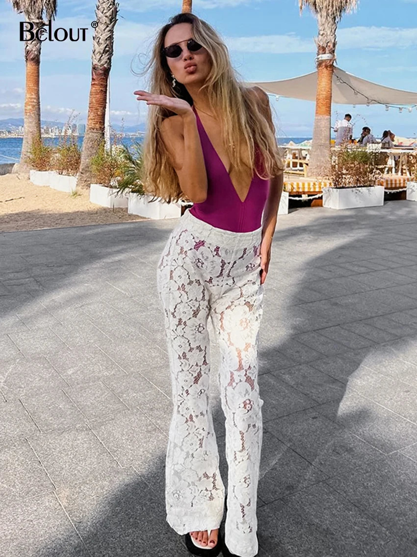 Bclout Elegant White Lace Flare Pants Women 2024 Fashion Thin Solid High Waist Long Trousers Spring Transparent Sexy Party Pants 240715