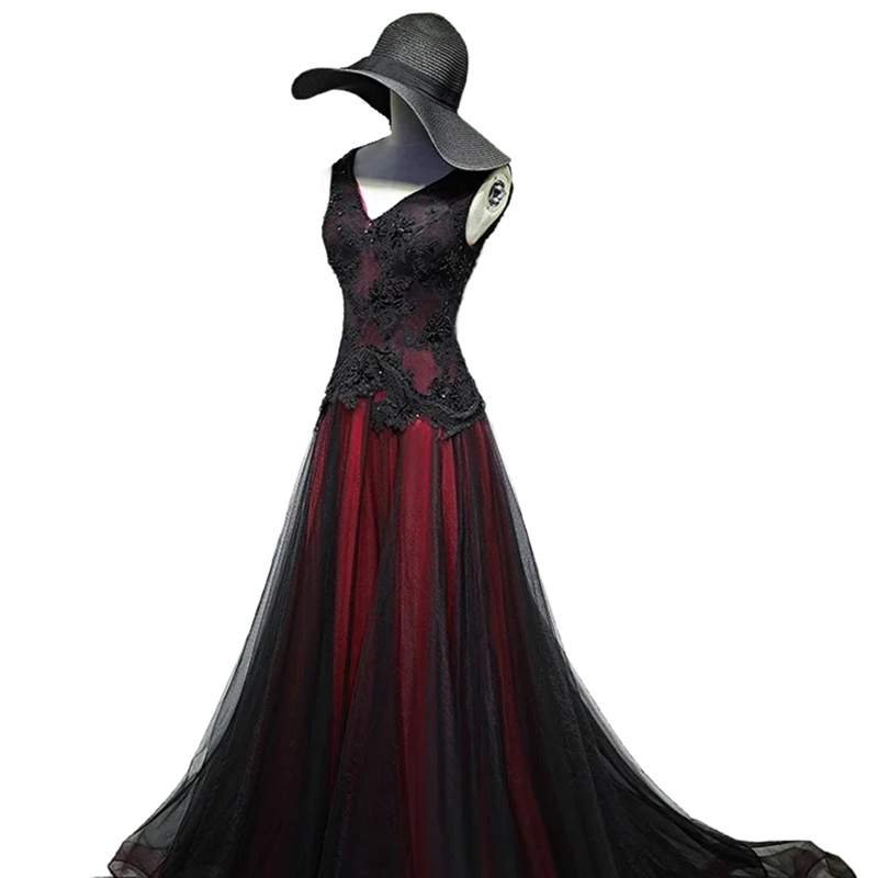 Gothic Wedding Dresses Dark Red And Black A-Line Long Tulle Bridal Gowns Lace Appliques Beading Sleeveless Open Back Lace-Up Vintage Women Formal Dres