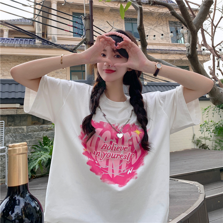 2024 Tiktok Shoulder Drop Loose 200g Combed Cotton Back Bound Short Sleeve T-shirt Printed