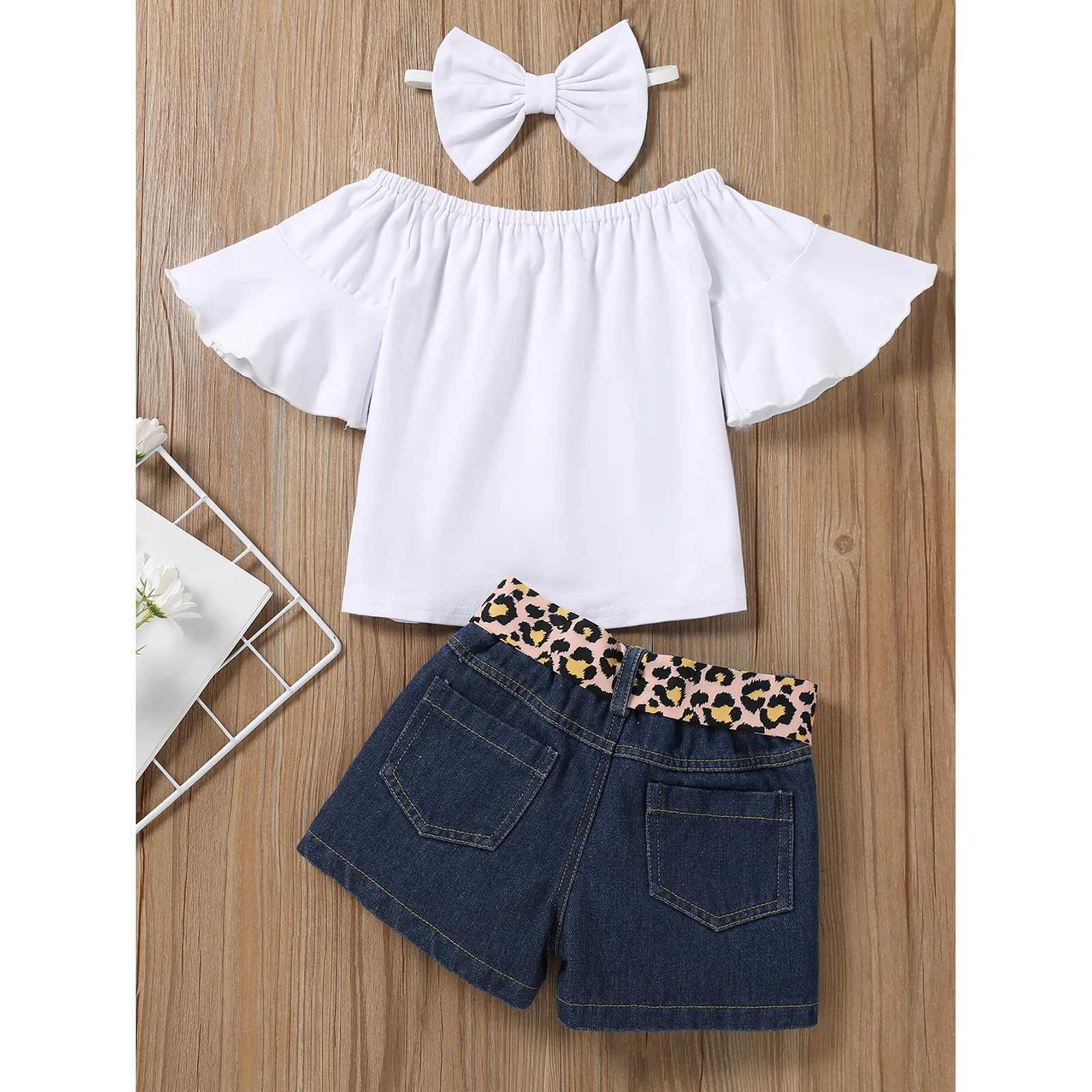 Clothing Sets 2022-02-12 Lioraitiin 0-5Years Toddler Little Girls 3PCS Suit Off-Shoulder Short Flared Sleeve Tops Leopard Belt Denim Pants