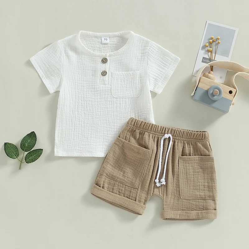Clothing Sets Toddler Baby Boys Summer 2-piece Outfits Solid Color Short Sleeve T-shirt with Breast Pocket and Casual Elastic Shorts Set