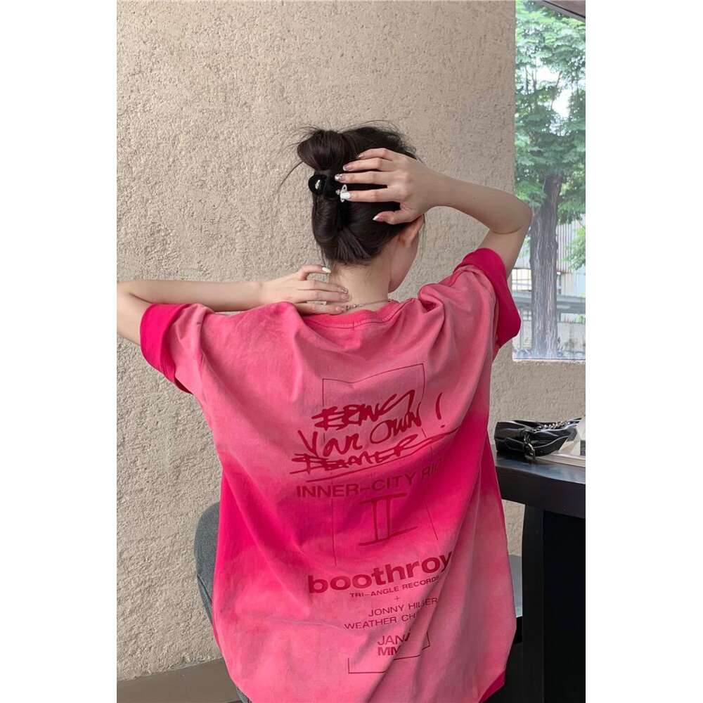 ~Dopamine gradient tie dye distressed loose and versatile short sleeved T-shirt for women's lazy style top