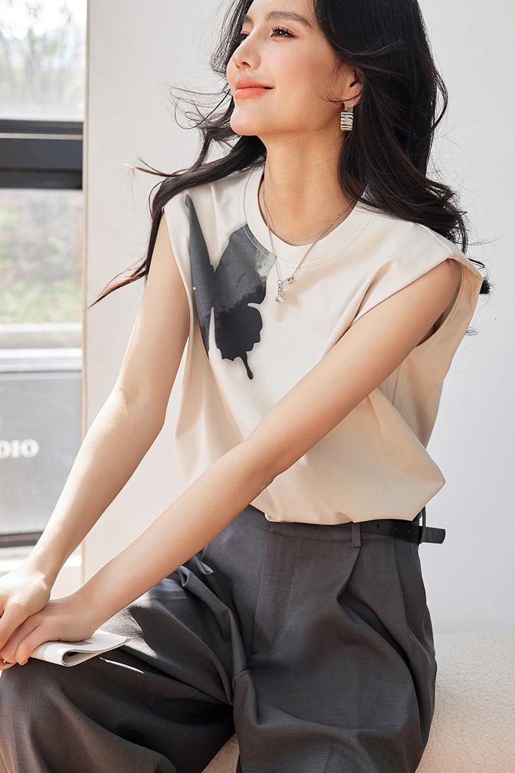 Butterfly silhouette printed pure cotton T-shirt vest women's top 2024 summer new half skirt
