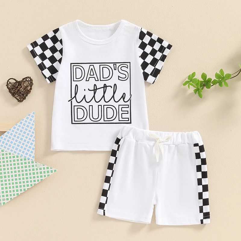 Clothing Sets 2024-03-20 Lioraitiin Toddler Boys Summer Shorts Sets Short Sleeve Letter Checkerboard Print Tops and Drstring Shorts Sets