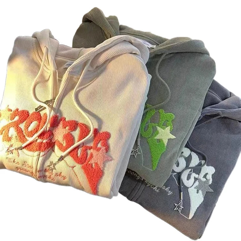 Women Retro Embroidery Hoodies Autumn Winter Zip Up Long Sleeve Loose Jacket Coats Y2K Casual Pocket Hooded Sweatshirts 240715