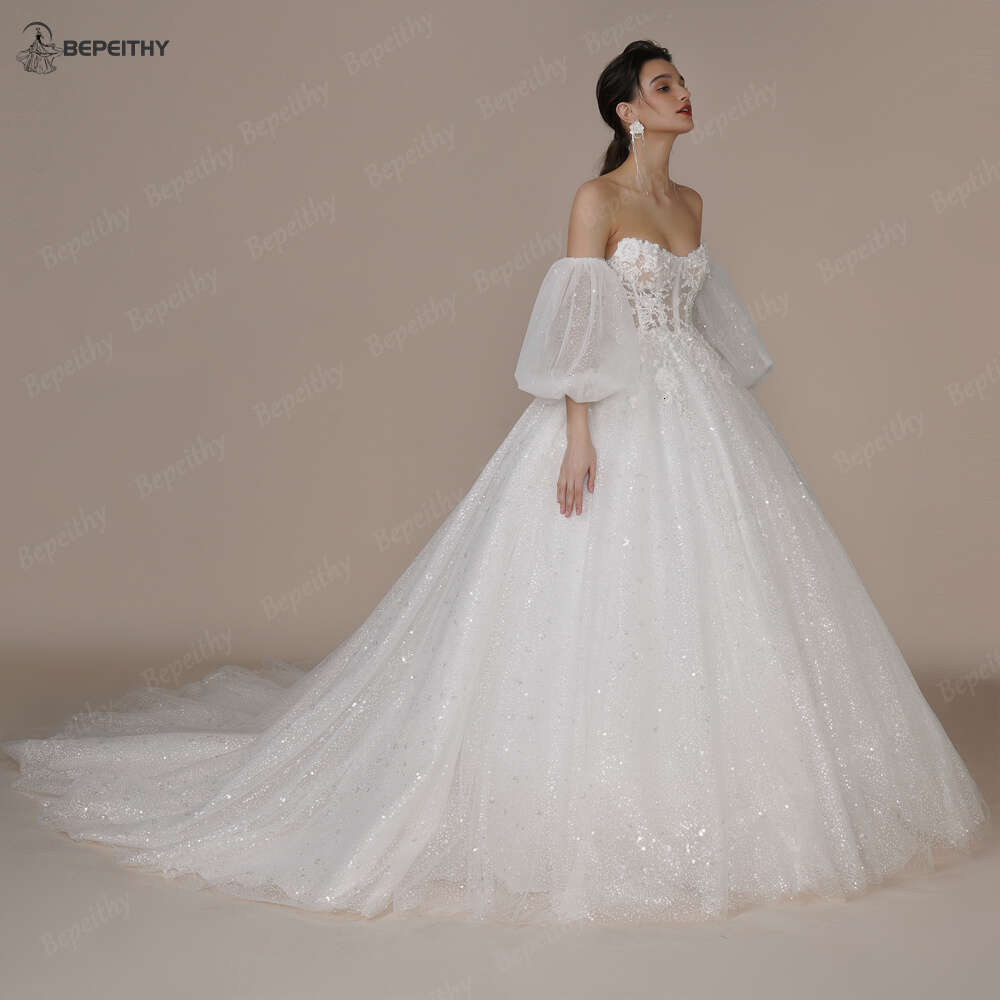 BEPEITHY Princess Strapless Ivory Glitter Wedding Dresses For Women Court Train Bride 3D wer Romantic Shinny Bridal Gown
