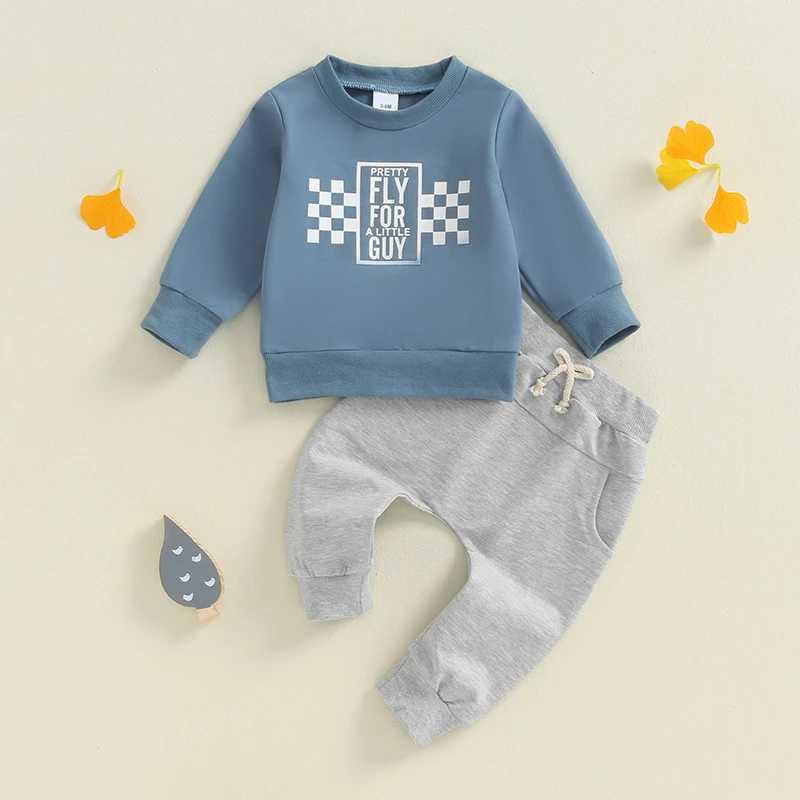 Clothing Sets Baby Boy Fall Clothes Toddler Tracksuit Outfit Letter Print Checkerboard Long Sleeve Sweatshirt Elastic Waist Pants 2 Piece Set