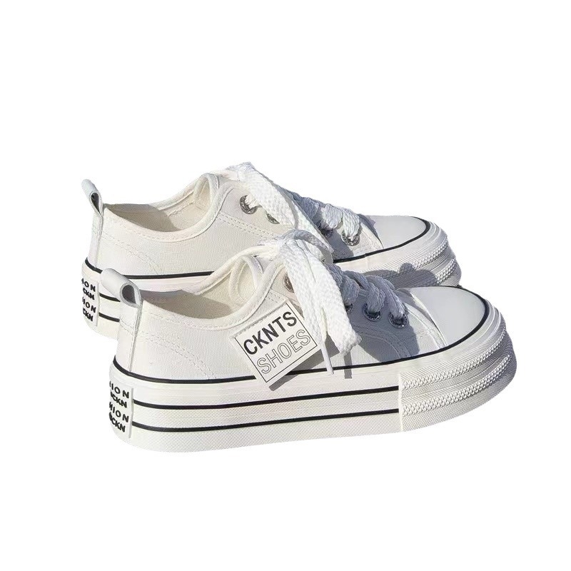 Thick soled ultra soft for women 2024 new Korean version sports and leisure height increasing round toe lace up low top board shoes, white shoes