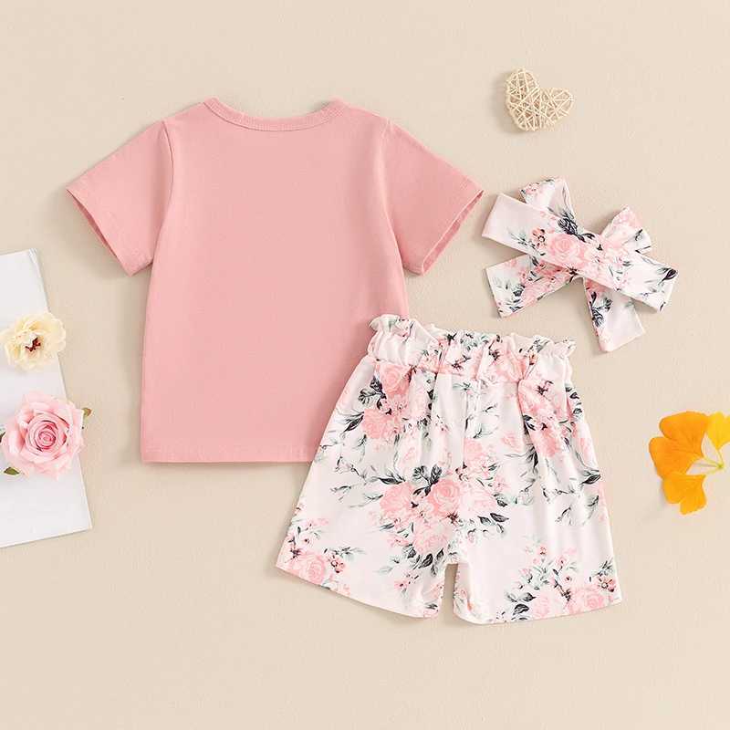Clothing Sets 2024-03-28 Lioraitiin Toddler Girl Sister Matching Outfit Letter Print Short Sleeve Tops Shorts with Belt Headband Clothes Set