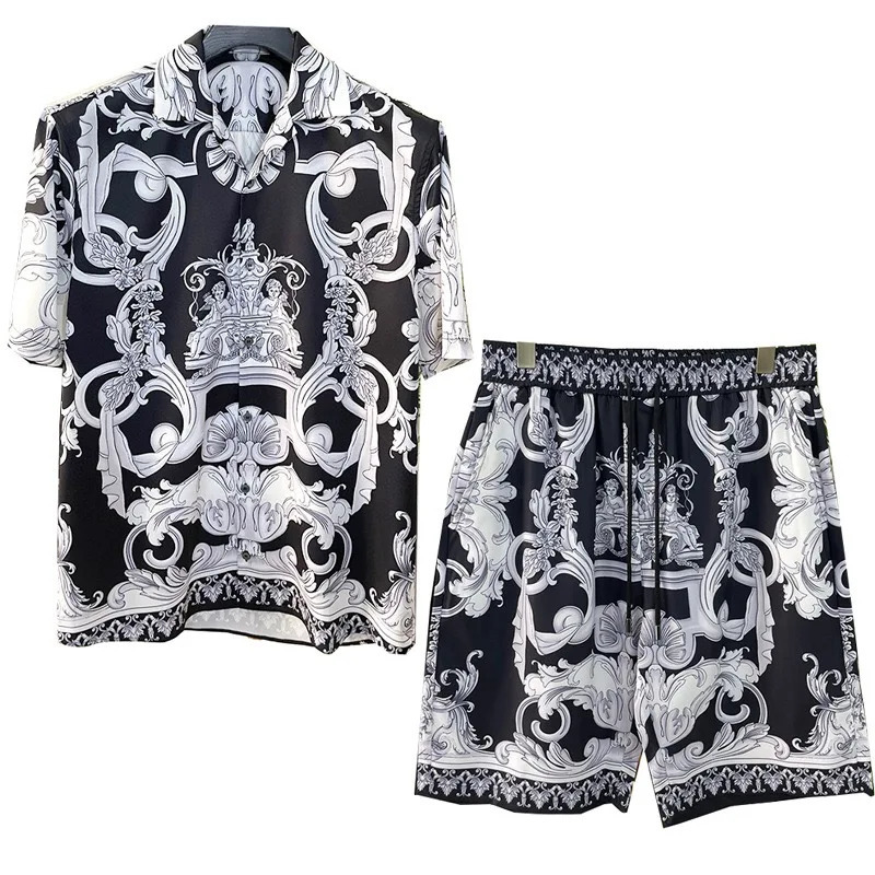 Hawaiian Style Shirt Suit Mens Summer Vacation Casual ShortSleeved Shorts Seaside Beach Flower 3D Print Sportswear 240708