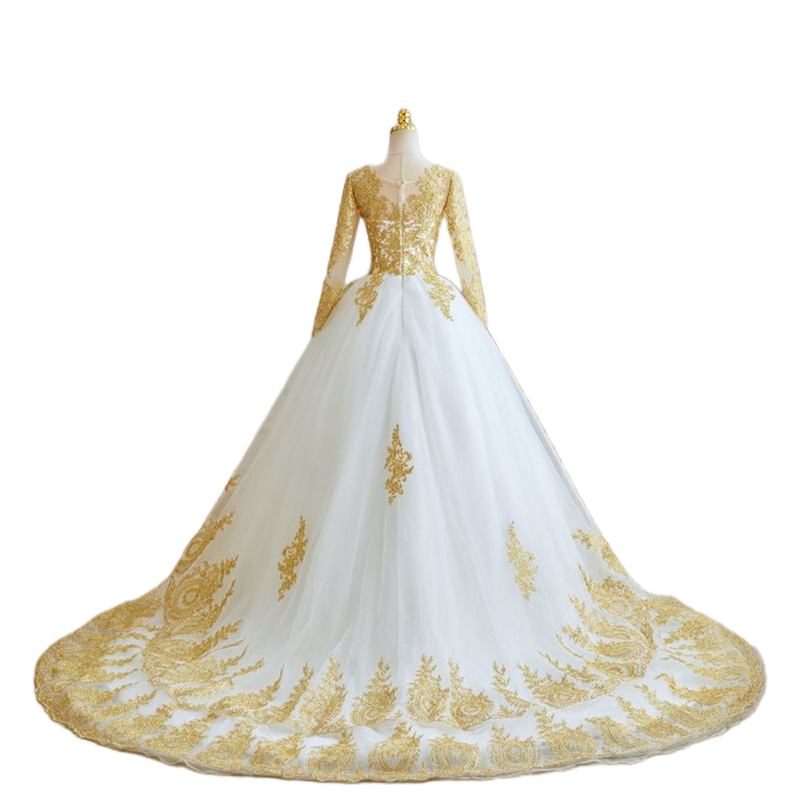 White And Gold A-Line Wedding Dresses Lace Appliques Long Sleeves Princess Bridal Gowns 2024 Arabic Dubai Formal Event Anniversaries Dress Chapel Trai