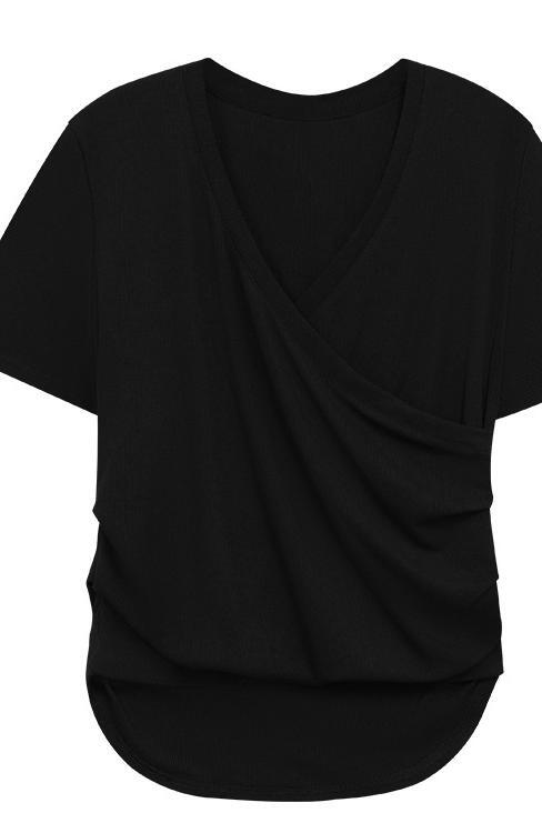 Cross V-neck sleeved T-shirt for women in summer, slim fit and slimming short style