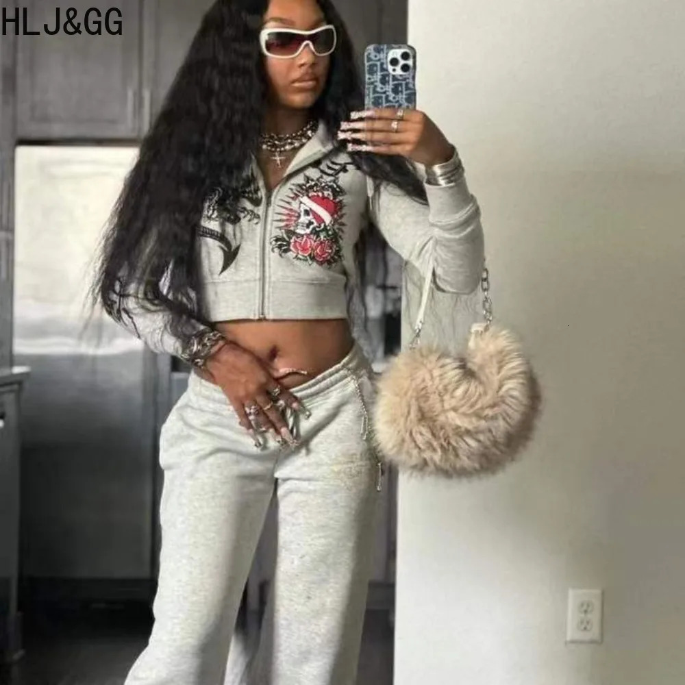 HLJ GG Fashion Streetwear Women Pattern Printing Zipper Long Sleeve Crop Top And Jogger Pants Two Piece Sets Casual 2pcs Outfits 240701