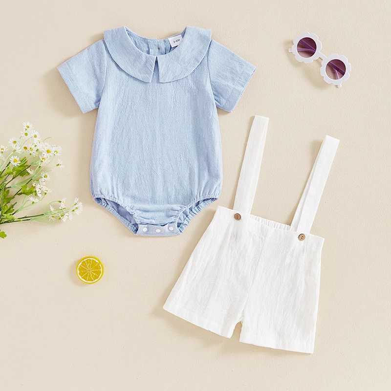 Clothing Sets Baby Boys Outfits Toddler Clothing Solid Color Doll Collar Short Sleeve Rompers Suspender Shorts 2Pcs Gentleman Clothes Set