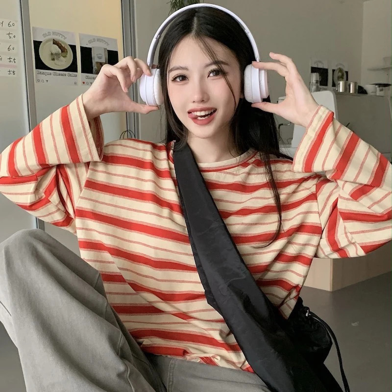 Spring Autumn Women Harajuku Striped T Shirt Long Sleeve ONeck TShirts Korean Casual Oversized Femme Pullover Tops 240712