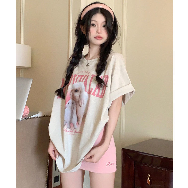 Tiktok Quality Back Bound Cotton Short Sleeve T-shirt Women's 2024 Summer Large Loose Top Print