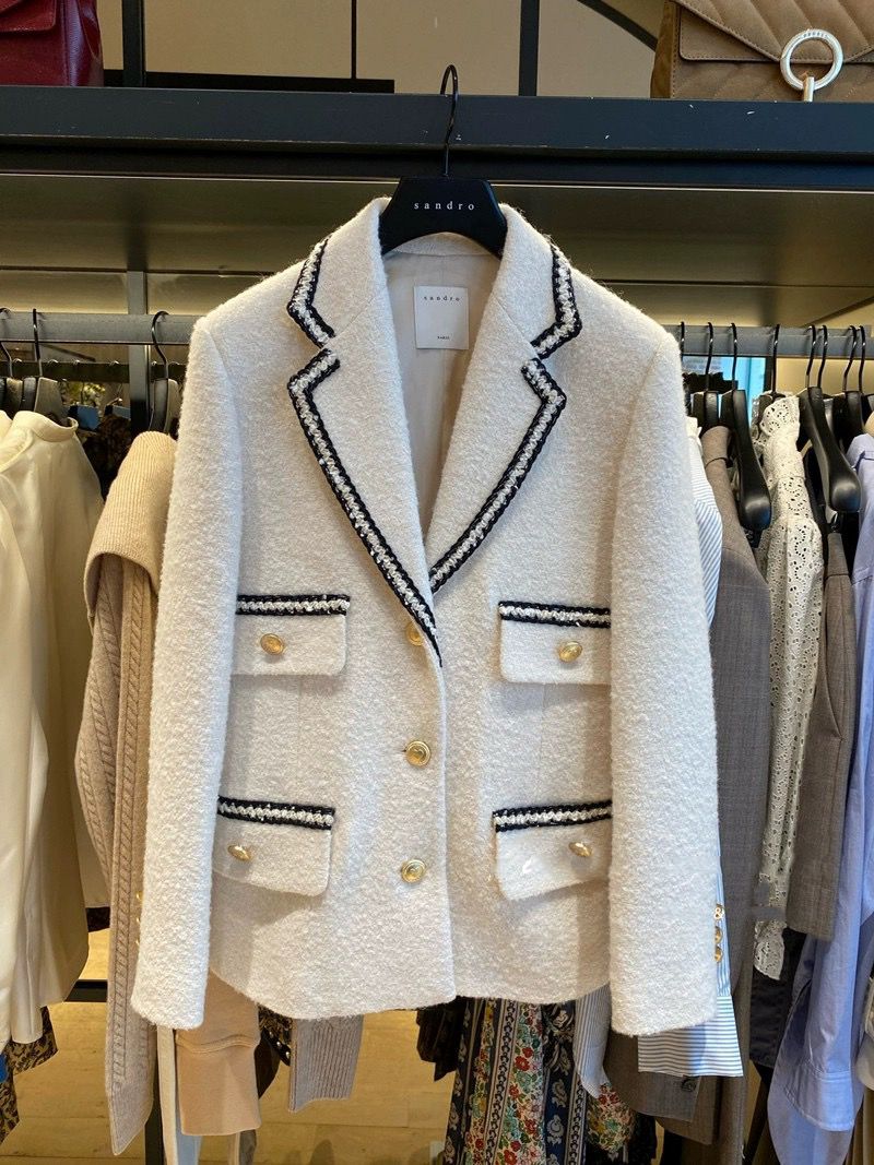 2024 autumn new san dro woven edge white single breasted coarse tweed suit women's jacket spring style