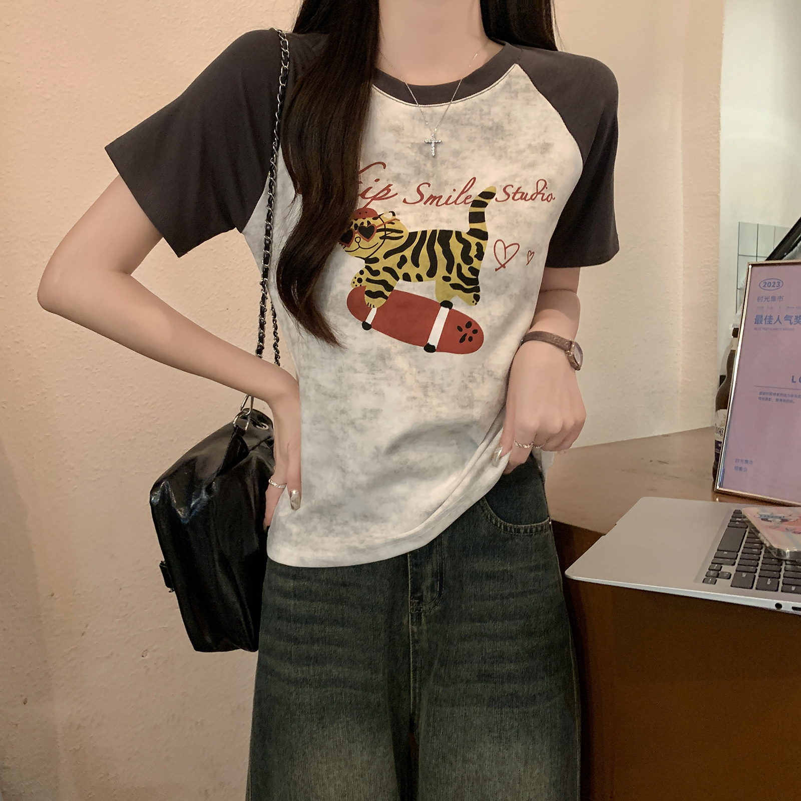 * 1 thread 210g short sleeved T-shirt with summer raglan sleeves, front shoulder slim fit, round neck top, women's clothing