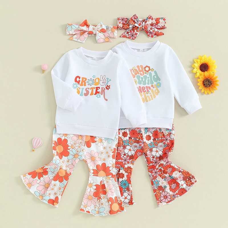 Clothing Sets 2023-09-08 Lioraitiin 0-3Y Baby Girls Clothes Outfits Letter Print Long Sleeve Sweatshirt and Floral Flared Pants Headband Set