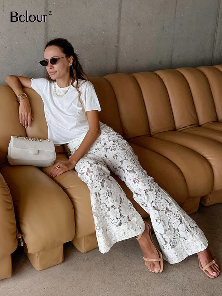 Bclout Elegant White Lace Flare Pants Women 2024 Fashion Thin Solid High Waist Long Trousers Spring Transparent Sexy Party Pants 240715