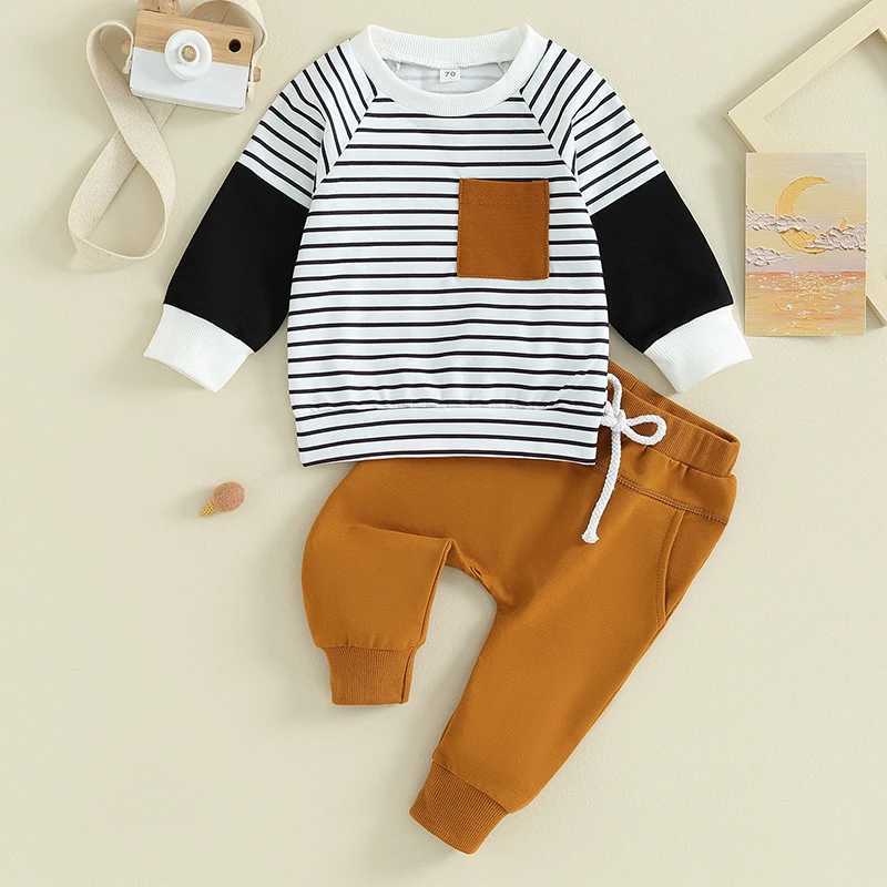 Clothing Sets 2023-09-19 Lioraitiin 0-3Y Toddler Baby Boys Fall Clothes Stripe Print Long Sleeve Pocket Pullover Elastic Waist Pants Outfit