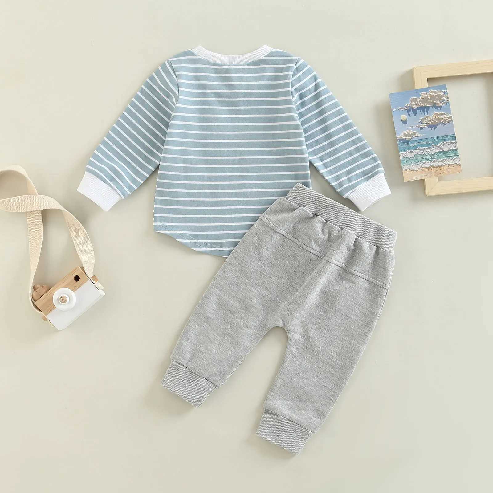 Clothing Sets 2022-09-01 Lioraitiin 0-3Years Toddler Boys Autumn Outfit Sets Long Sleeve Striped Tops + Solid Color Drstring Pants