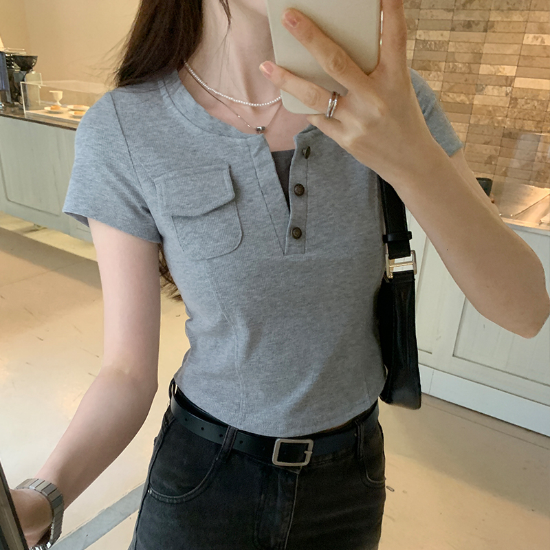 Pocket decoration temperament shoulder short sleeved T-shirt for women's summer 2024 new small top