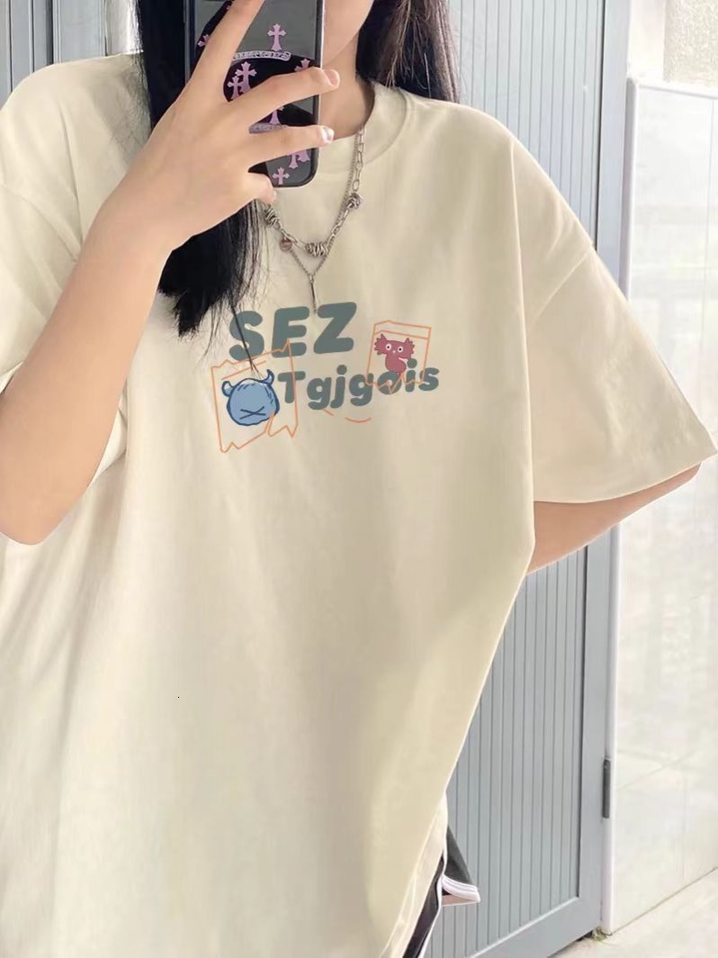 Tiktok Shoulder Drop Loose 200g Combed Cotton Back Bound Short Sleeve T-shirt Printed