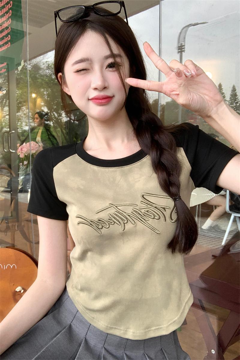 #Large size fat mm tie dye shoulder T-shirt sleeved women's summer short cut irregular cover belly slimming top