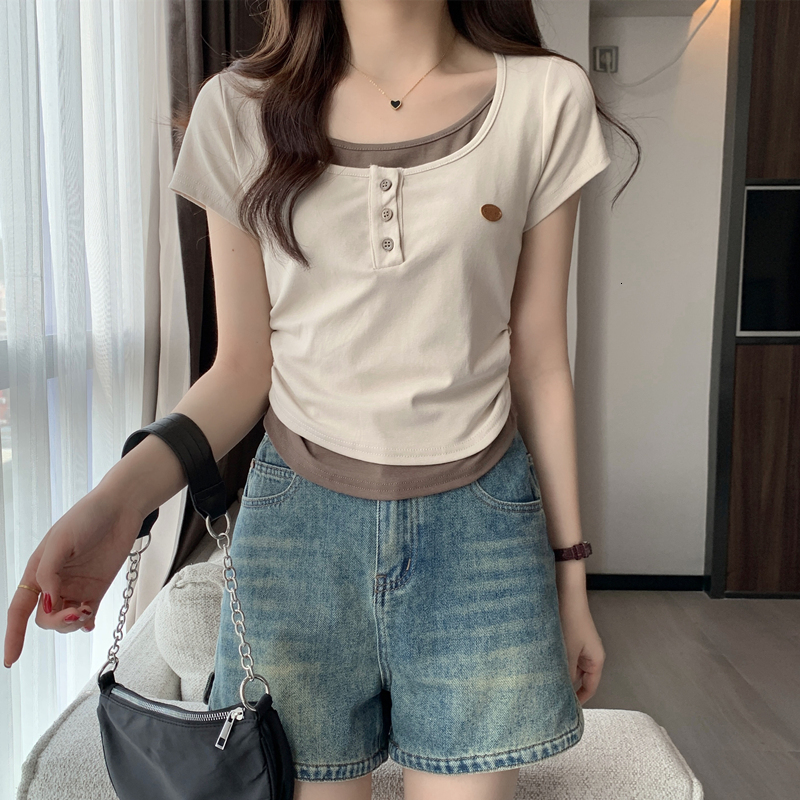Fake two shoulder short sleeved T-shirts for women in summer 2024, new American style sweet spicy base, waist cinching and pleated slim fit top