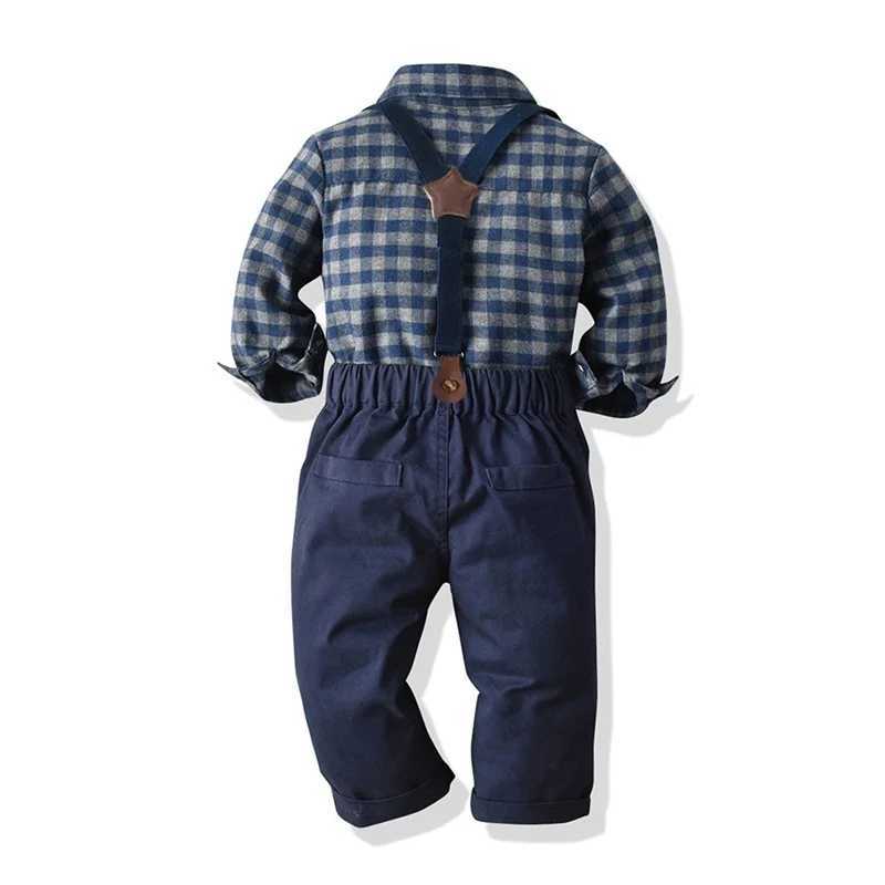 Clothing Sets Boys Autumn 2PCS Clothing Children Kid Outfit Sets Long Sleeve Lapel Button Up Plaid Shirt Blue Suspender Pants Sets