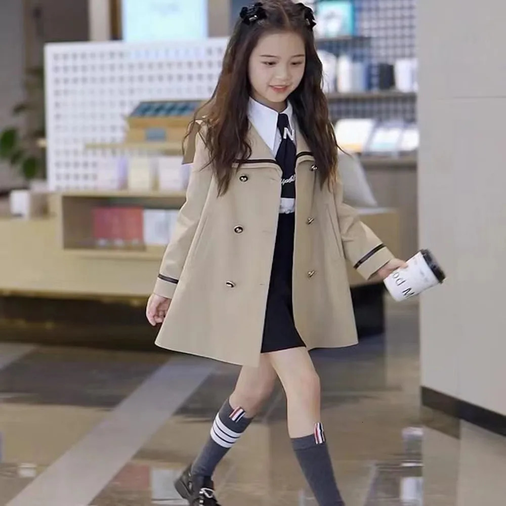 Girls Trench Coat Sailor Collar Spring Autumn Preppy Style Double Breasted Korean Mid-length Fashionable 5-12 Years Old 240713