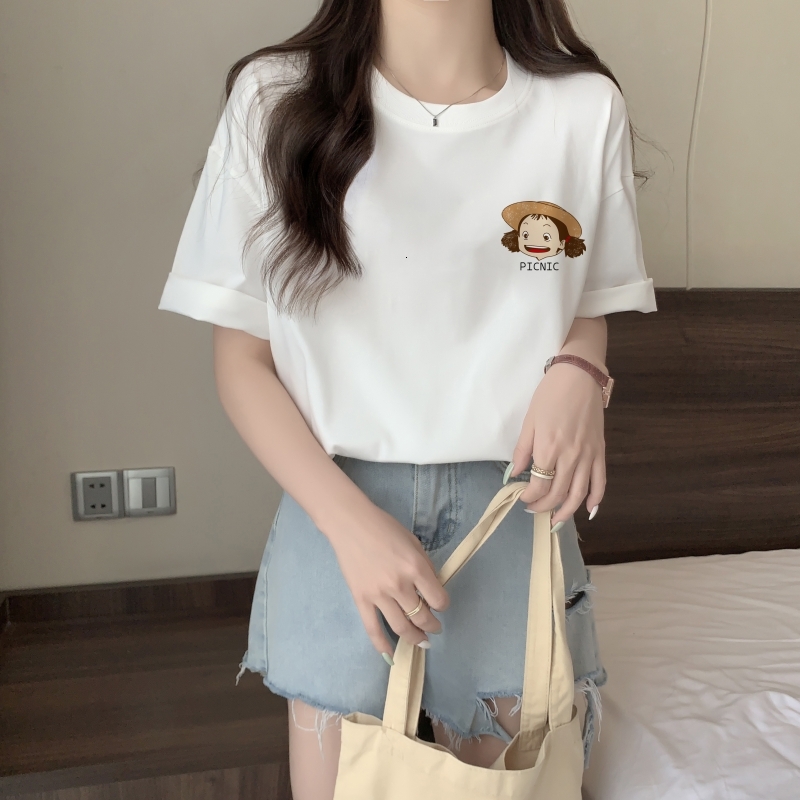 100% combed pure cotton printed summer short sleeved T-shirt for women loose fitting Korean version