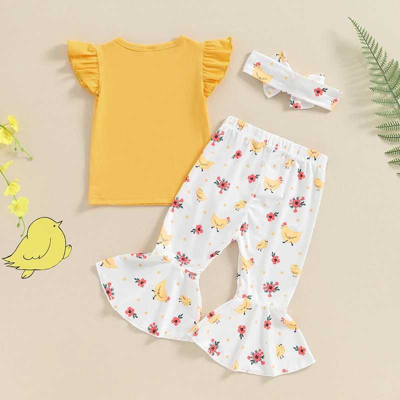 Clothing Sets 2024-04-06 Lioraitiin Baby Girl 2Pcs Summer Outfits Fly Sleeve Tops + Chicken Print Flare Pants Set Toddler Casual Clothes