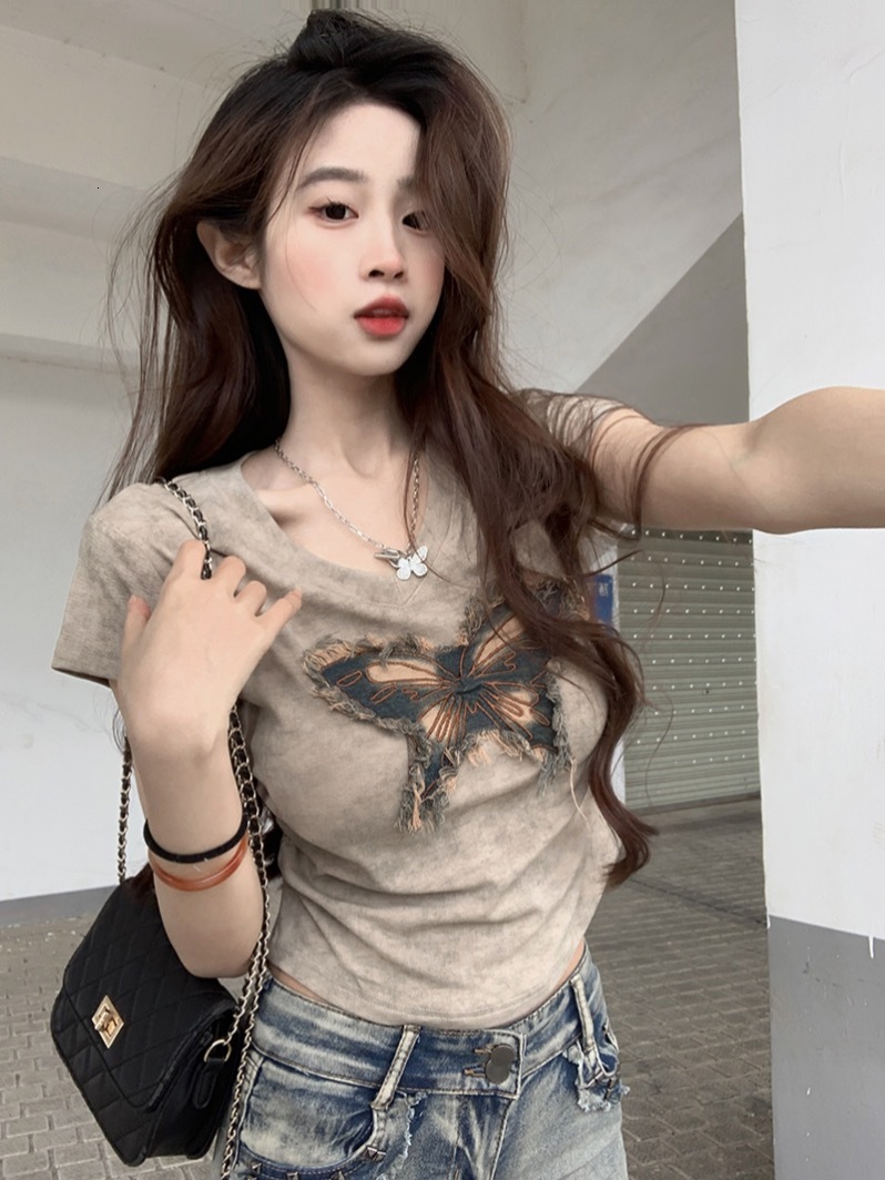 Summer Korean version spicy girl butterfly embroidery V-neck slim fit short sleeved T-shirt top for women