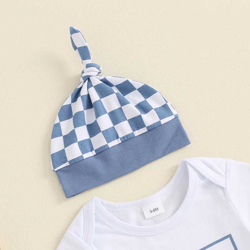 Clothing Sets 2024-04-25 Lioraitiin Baby Boys 3PCS Outfit Sets Short Sleeve Letter Print Romper Checkerboard Print Pants Hat Sets