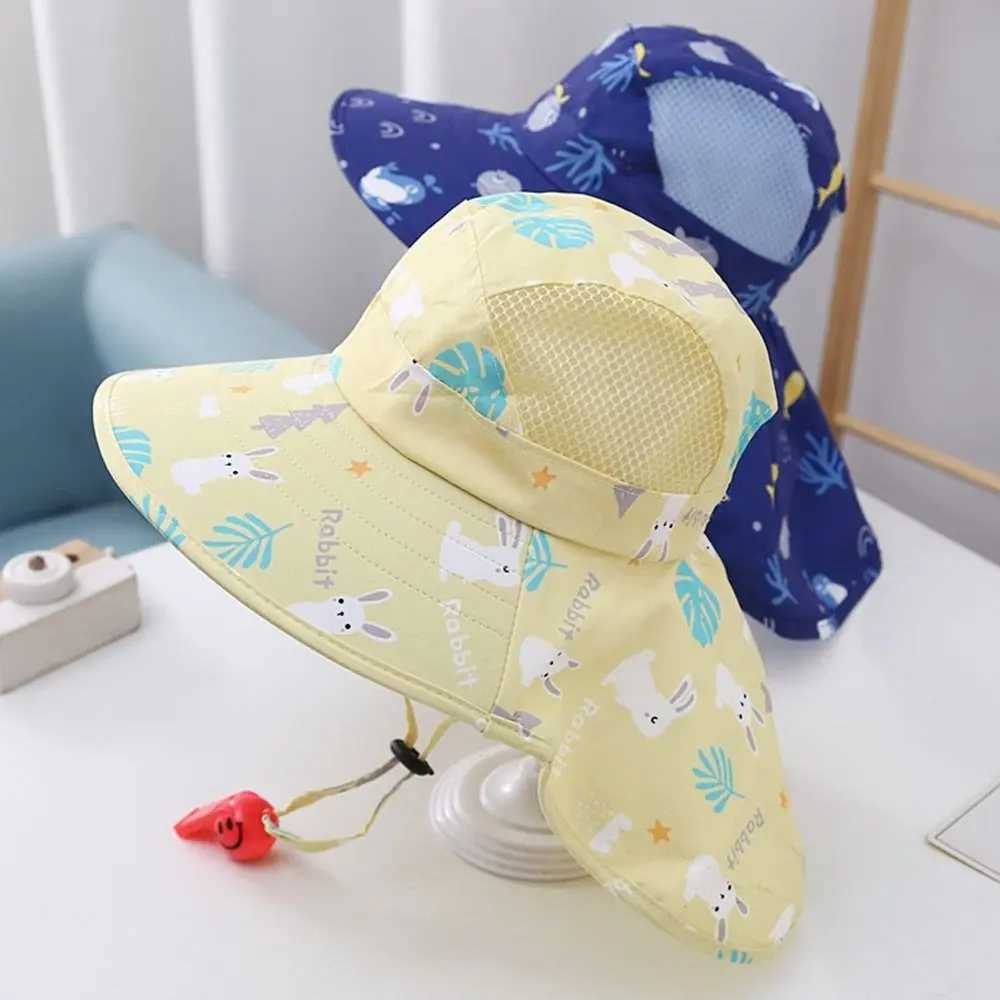 UV resistant childrens beach hat bucket hat baby sun hat girl with whistle boy outdoor collar earmuffsW240715