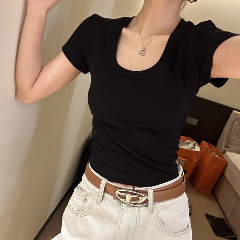 Hot girl U-neck shoulder sleeved for women in summer, desire to slim fit, high waist, slimming and cinching, pure cotton T-shirt short top