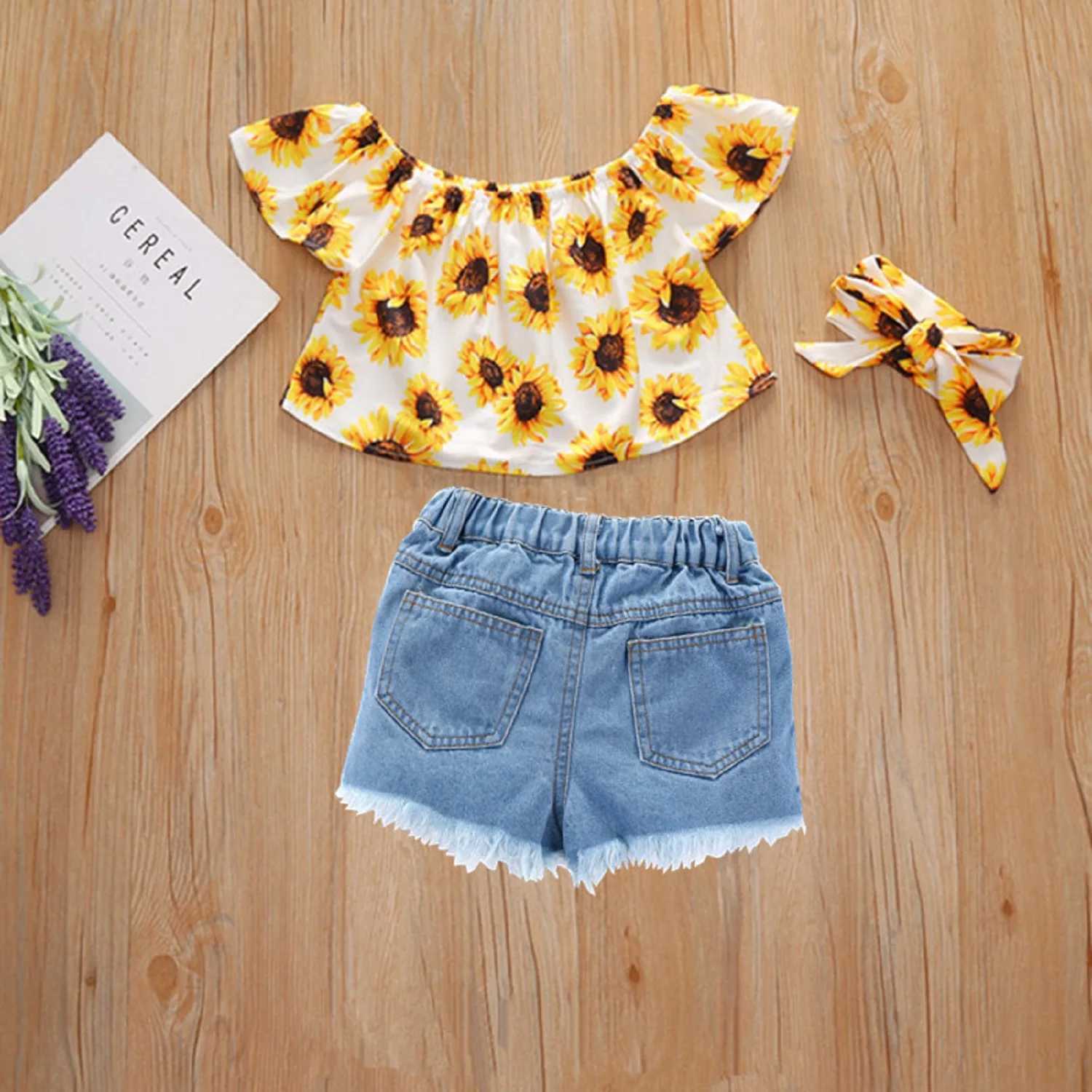 Clothing Sets 2021-01-28 Lioraitiin 1-6Years 2Pcs Set Kids Girls Clothing Off Shoulder Sunflower Print Short Sleeve Tops+ Denim Shorts