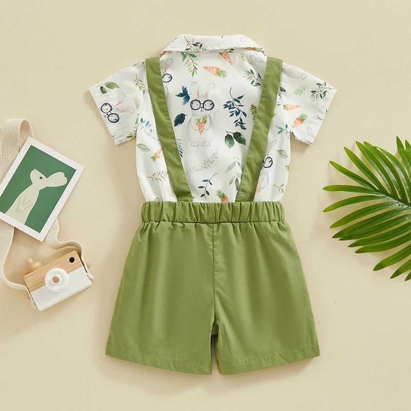 Clothing Sets Baby Boy Gentleman Outfit Lapel Neck Short Sleeve Rabbit Print Romper + Suspender Shorts Infant Toddler Easter 2 Piece Set