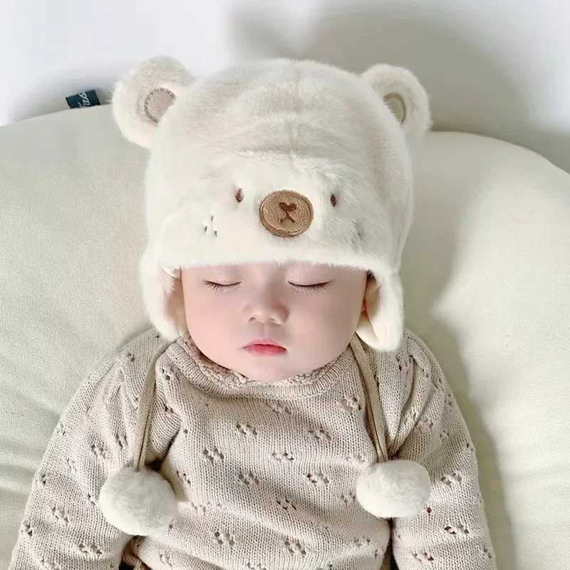 Cute winter warm childrens girl boy baby hat wool hem hat solid wool earmuffs with balls soft newborn hatW240715