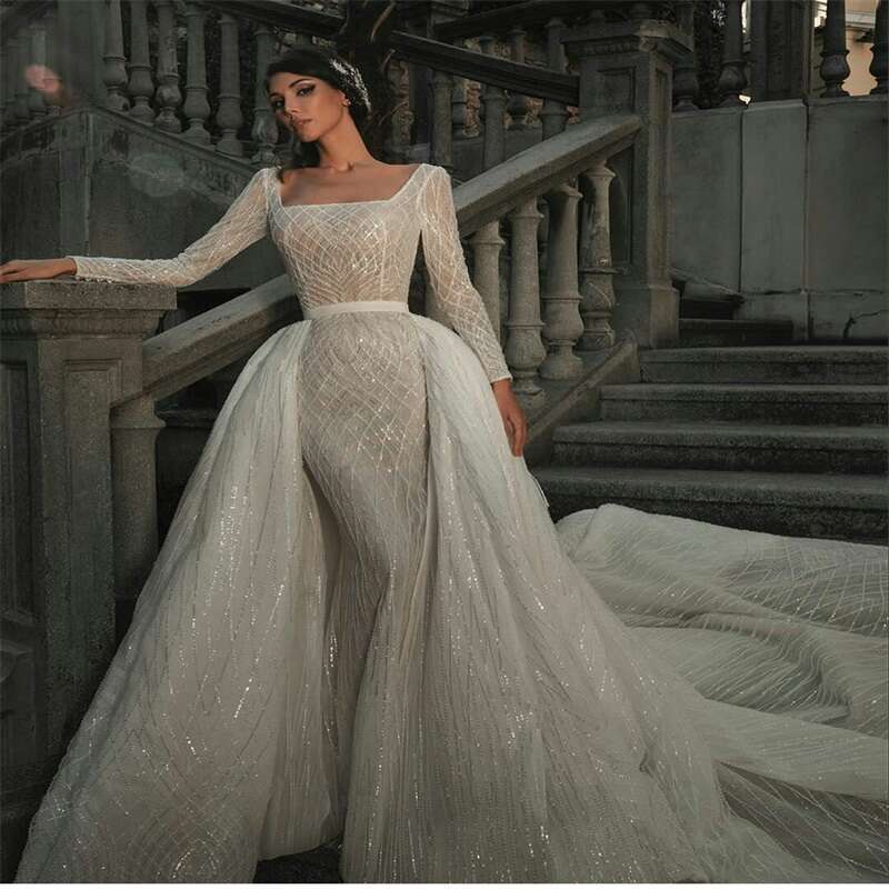 Robe De Mariee special Dress With Detachable Train Sequins Beads Custom Made Long Sleeves Dubai Arabic Bride Dresses
