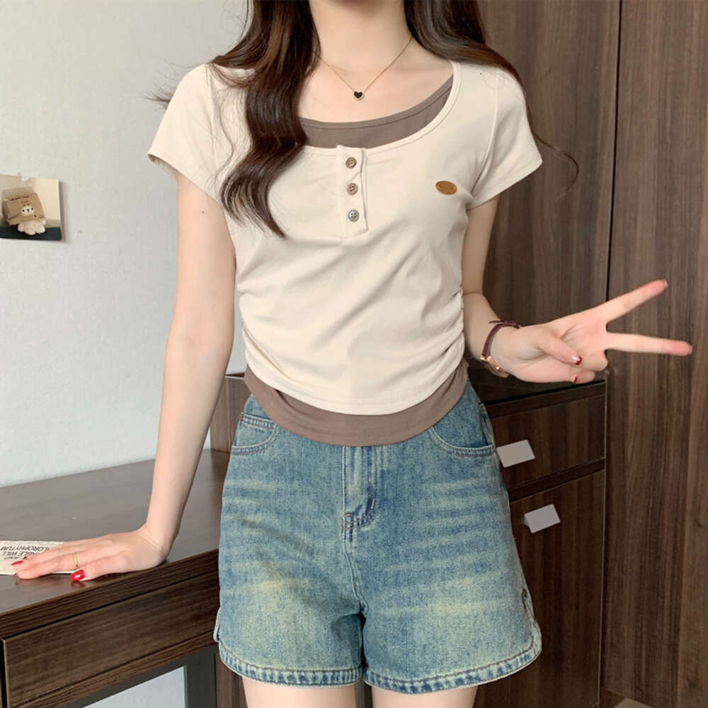Fake two shoulder short sleeved T-shirts for women in summer 2024, new American style sweet spicy base, waist cinching and pleated slim fit top