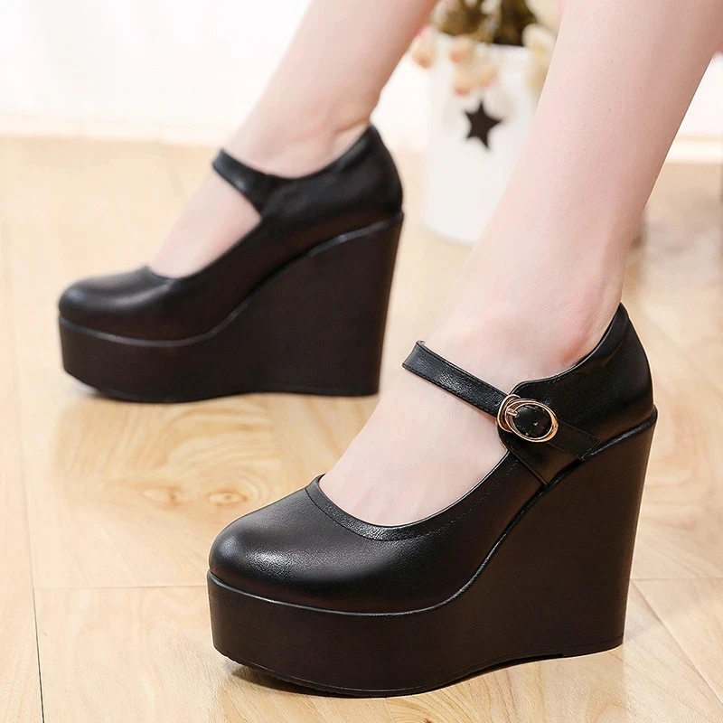 New Genuine Leather Thick Sole Platform Shoes Wedges Increase Shoes Wedges Pumps Small Plus Size High Heels 6 / 8 / 11.5 CM