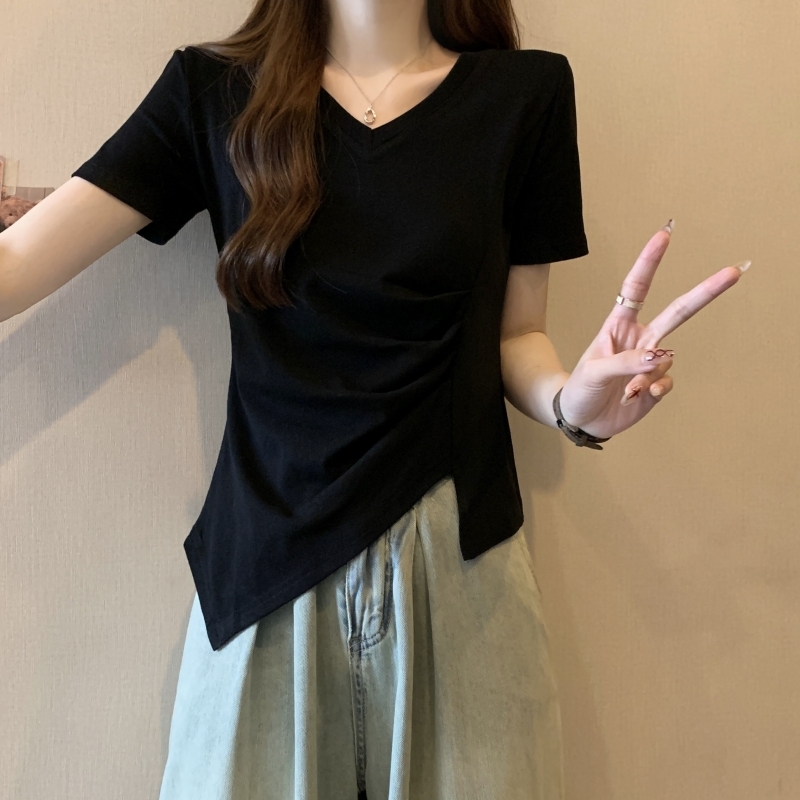 Large size shoulder new style internet famous European goods irregular fold waist collection short sleeved popular pink t-shirt slim fit top for women