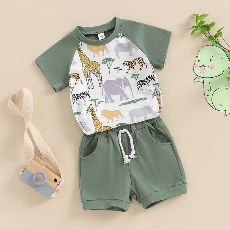 Clothing Sets 2024-04-10 Lioraitiin Baby Boys Summer Outfits Animal Print Short Sleeves T-Shirt and Elastic Shorts Set Vacation Clothes Set