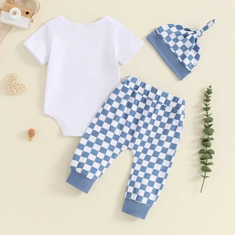 Clothing Sets 2024-04-25 Lioraitiin Baby Boys 3PCS Outfit Sets Short Sleeve Letter Print Romper Checkerboard Print Pants Hat Sets