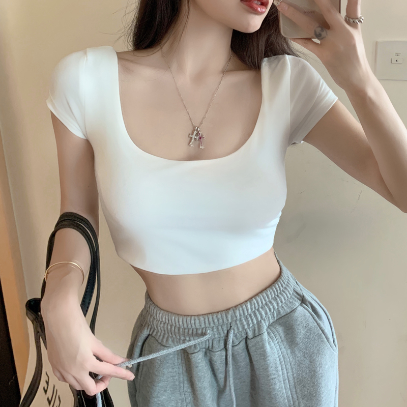 Spring and summer new sleeved tight fitting slimming square neck T-shirt Korean version short cut exposed navel solid color versatile top women's