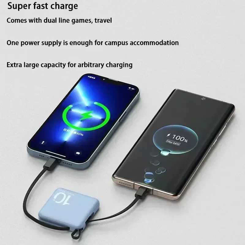 Mini Power Bank Built-in Cord Portable Micro Compact Power Bank 10000mAh Fast Charging External Battery Mobile Phone AccessoriesM240715