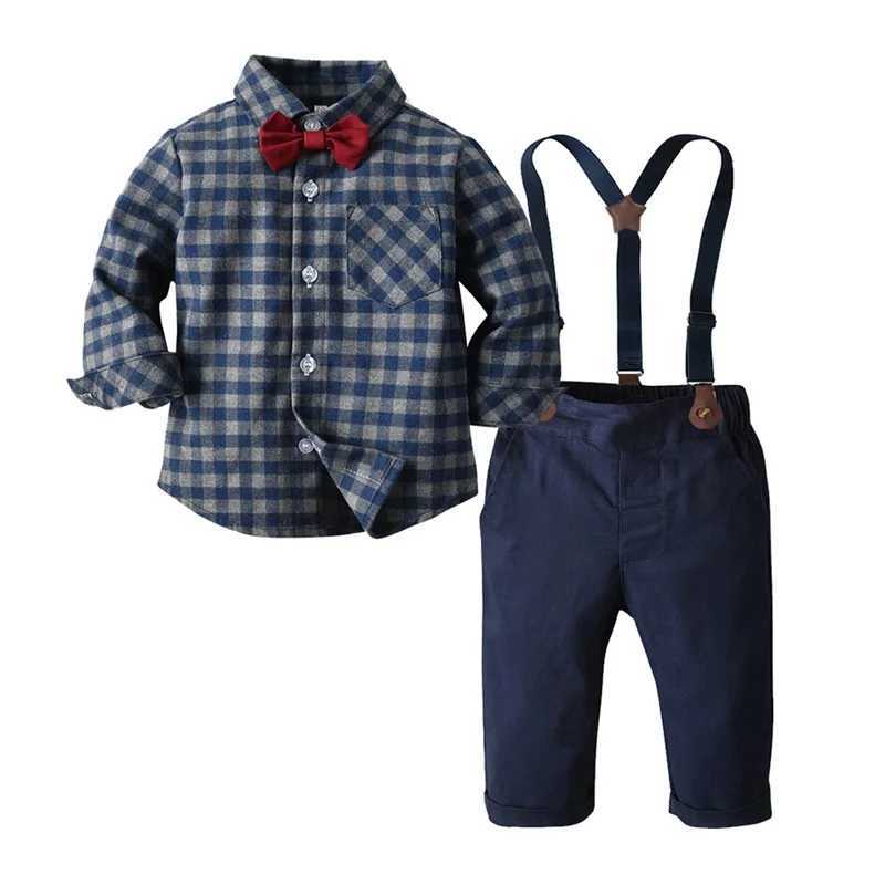 Clothing Sets Boys Autumn 2PCS Clothing Children Kid Outfit Sets Long Sleeve Lapel Button Up Plaid Shirt Blue Suspender Pants Sets